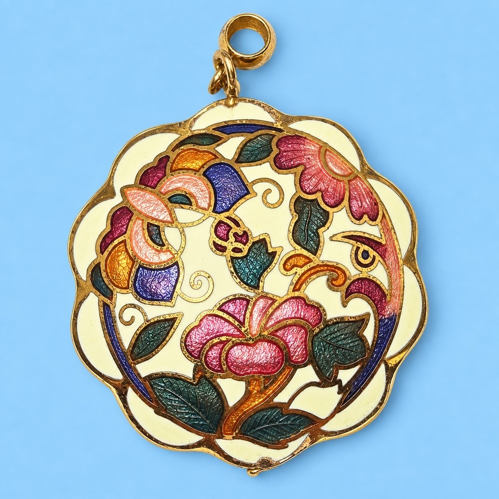 Vintage Chinese Cloisonne Enamel Peacock Bird Floral Pendant Gold Tone -3805